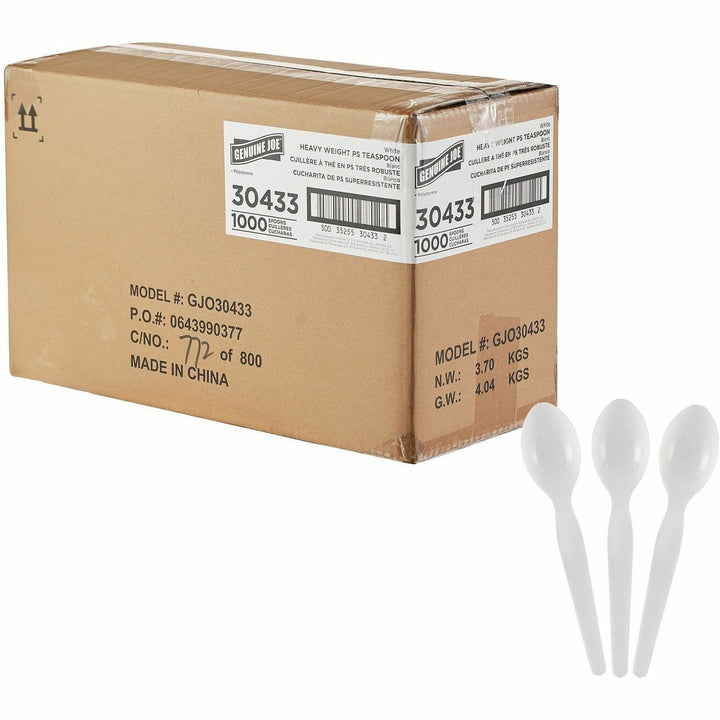 Image of Genuine Joe 30433 Disposable Polystyrene Cutlery, Spoon, Spoon, Food, Cafeteria, Breakroom, Disposable, Polystyrene, White, 1 Carton