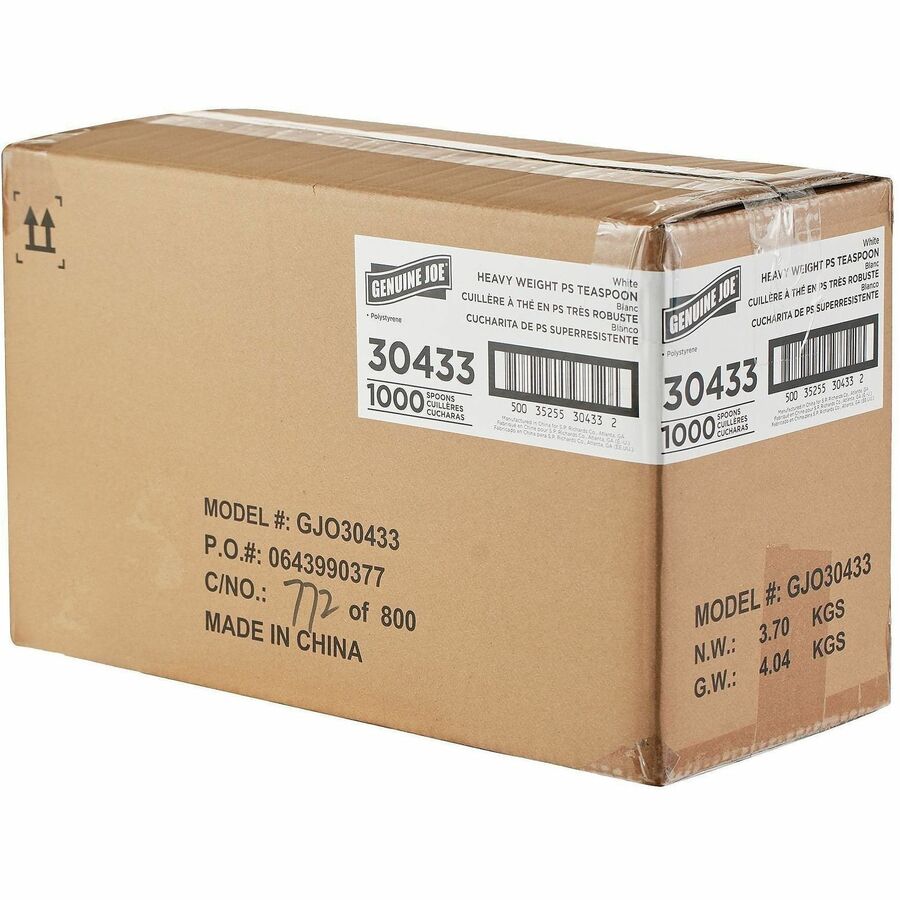 Image of Genuine Joe 30433 Disposable Polystyrene Cutlery, Spoon, Spoon, Food, Cafeteria, Breakroom, Disposable, Polystyrene, White, 1 Carton