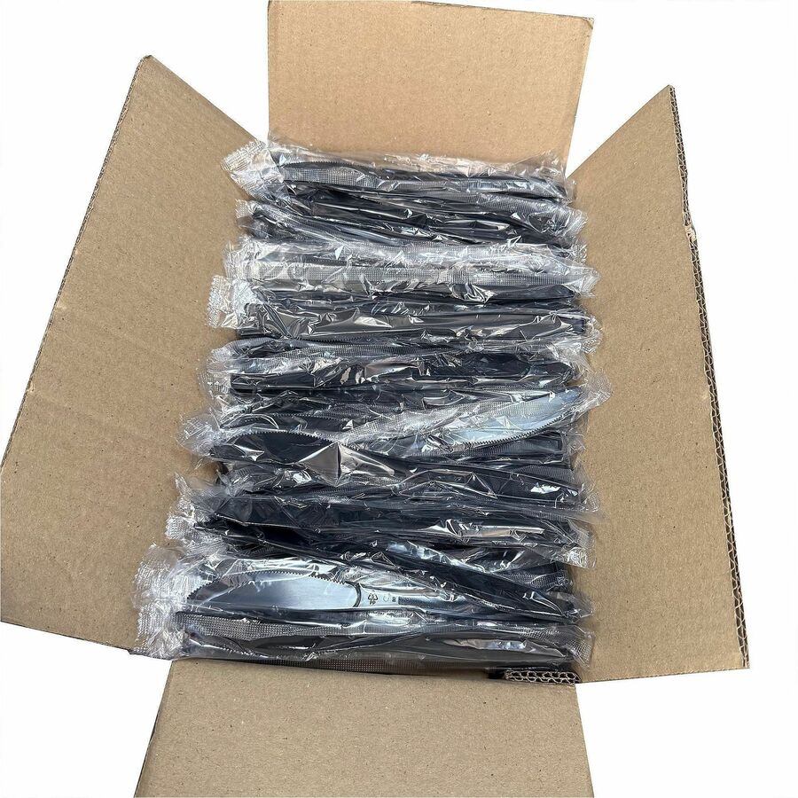 Image of Genuine Joe 30412 Heavy-Weight Polypropylene Cutlery, Cutlery Set, Fork, Knife, Food, Cafeteria, Disposable, Polypropylene, Black, 1 Carton