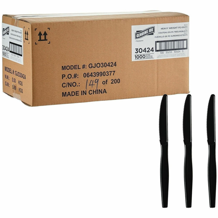 Image of Genuine Joe 30424 Disposable Polystyrene Cutlery, Knife, Knife, Food, Cafeteria, Breakroom, Disposable, Polystyrene, Black, 1 Carton