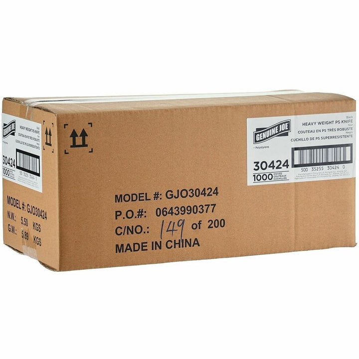 Image of Genuine Joe 30424 Disposable Polystyrene Cutlery, Knife, Knife, Food, Cafeteria, Breakroom, Disposable, Polystyrene, Black, 1 Carton