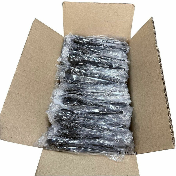Image of Genuine Joe 30429 Disposable Polystyrene Cutlery, Spoon, Spoon, Food, Cafeteria, Breakroom, Disposable, Polystyrene, Black, 1 Carton