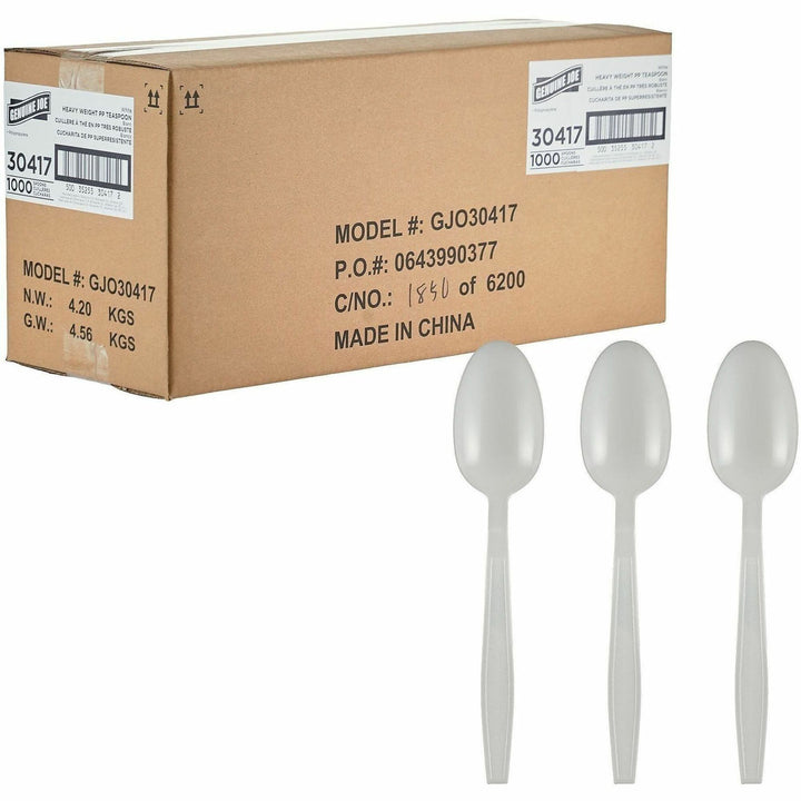 Image of Genuine Joe 30417 Heavy-Weight Polypropylene Cutlery, Spoon, Spoon, Food, Cafeteria, Disposable, Polypropylene, White, 1 Carton