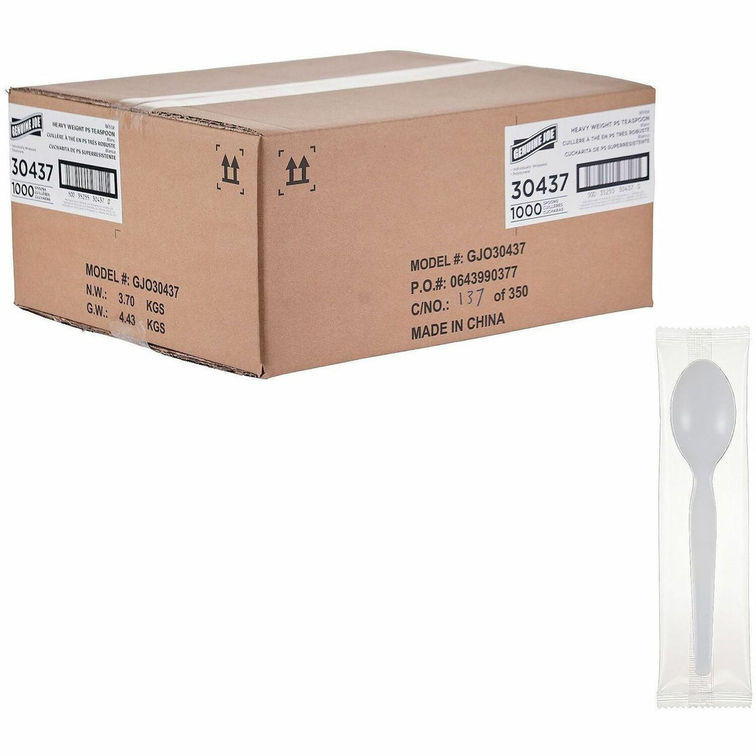 Image of Genuine Joe 30437 Disposable Polystyrene Cutlery, Spoon, Spoon, Food, Cafeteria, Breakroom, Disposable, Polystyrene, White, 1 Carton