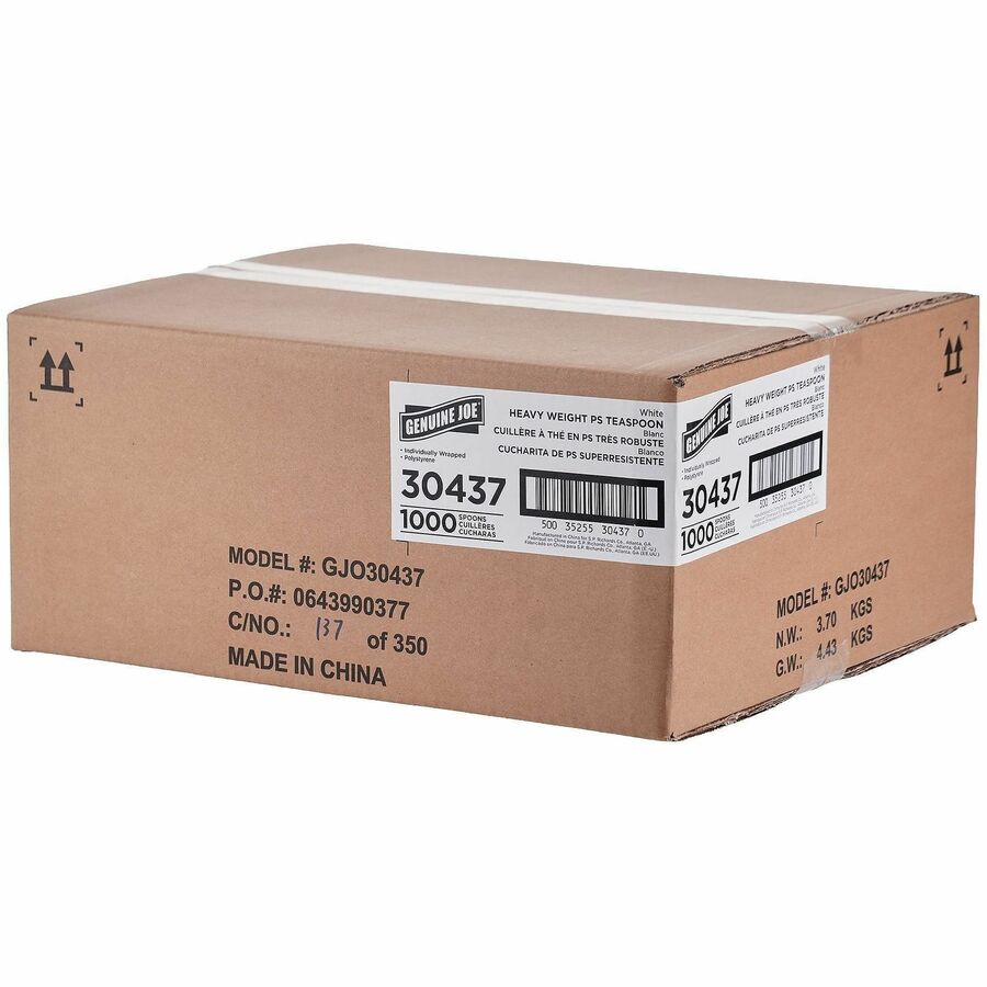 Image of Genuine Joe 30437 Disposable Polystyrene Cutlery, Spoon, Spoon, Food, Cafeteria, Breakroom, Disposable, Polystyrene, White, 1 Carton