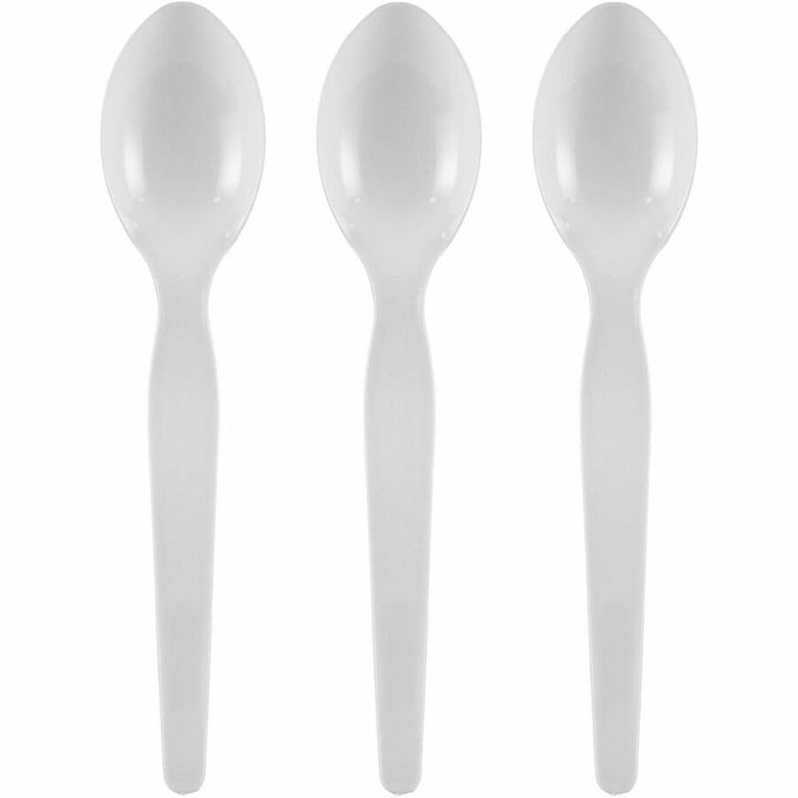 Image of Genuine Joe 30437 Disposable Polystyrene Cutlery, Spoon, Spoon, Food, Cafeteria, Breakroom, Disposable, Polystyrene, White, 1 Carton