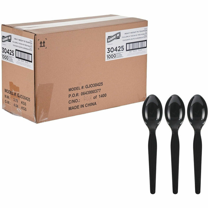 Image of Genuine Joe 30425 Disposable Polystyrene Cutlery, Spoon, Spoon, Food, Cafeteria, Breakroom, Disposable, Polystyrene, Black, 1 Carton