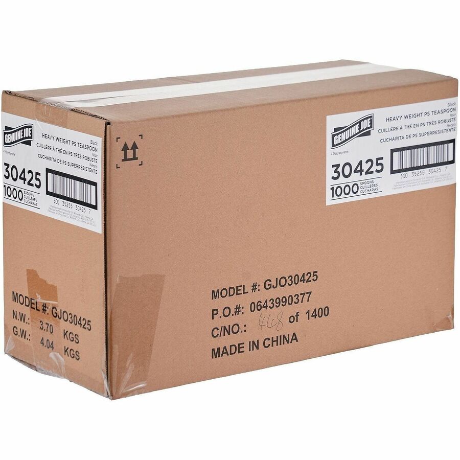 Image of Genuine Joe 30425 Disposable Polystyrene Cutlery, Spoon, Spoon, Food, Cafeteria, Breakroom, Disposable, Polystyrene, Black, 1 Carton