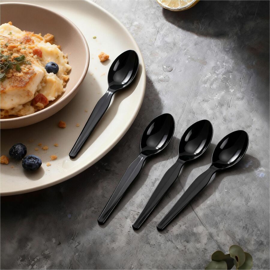 Image of Genuine Joe 30425 Disposable Polystyrene Cutlery, Spoon, Spoon, Food, Cafeteria, Breakroom, Disposable, Polystyrene, Black, 1 Carton