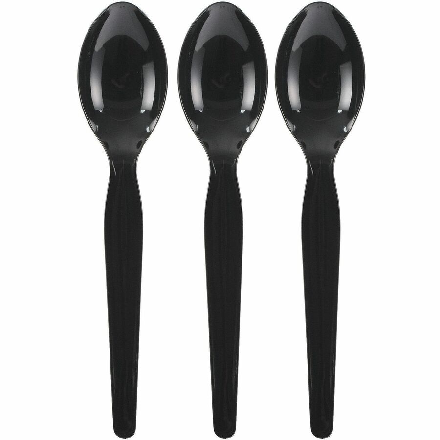 Image of Genuine Joe 30425 Disposable Polystyrene Cutlery, Spoon, Spoon, Food, Cafeteria, Breakroom, Disposable, Polystyrene, Black, 1 Carton