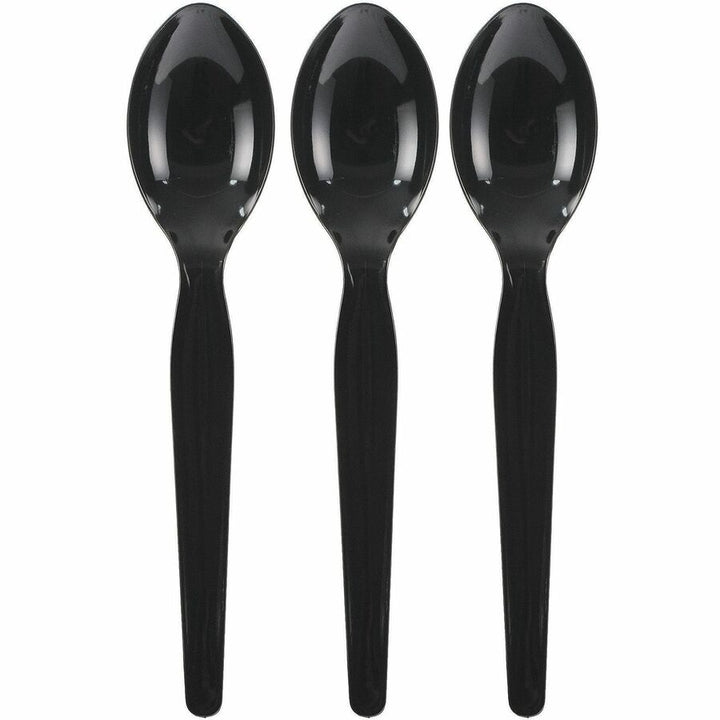 Image of Genuine Joe 30425 Disposable Polystyrene Cutlery, Spoon, Spoon, Food, Cafeteria, Breakroom, Disposable, Polystyrene, Black, 1 Carton