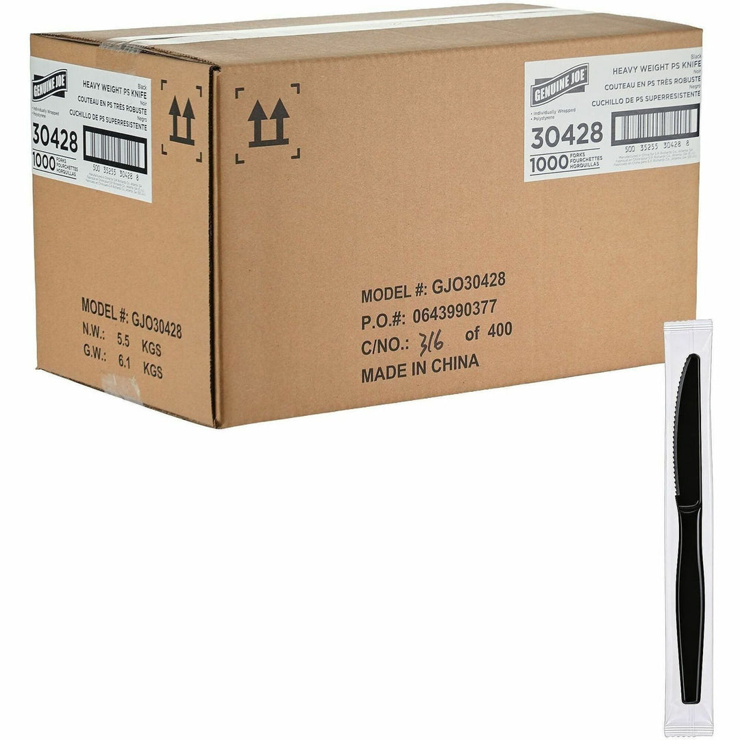 Image of Genuine Joe 30428 Disposable Polystyrene Cutlery, Knife, Knife, Food, Cafeteria, Breakroom, Disposable, Polystyrene, Black, 1 Carton