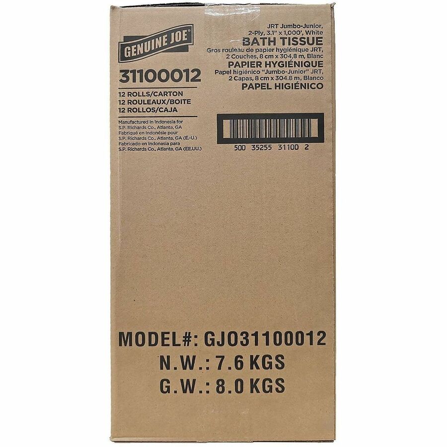 Image of Genuine Joe 31100012 Jumbo 2-Ply Bathroom Tissue, 2 Ply, 37.20" W x 1000 ft Length, White, 1 Carton
