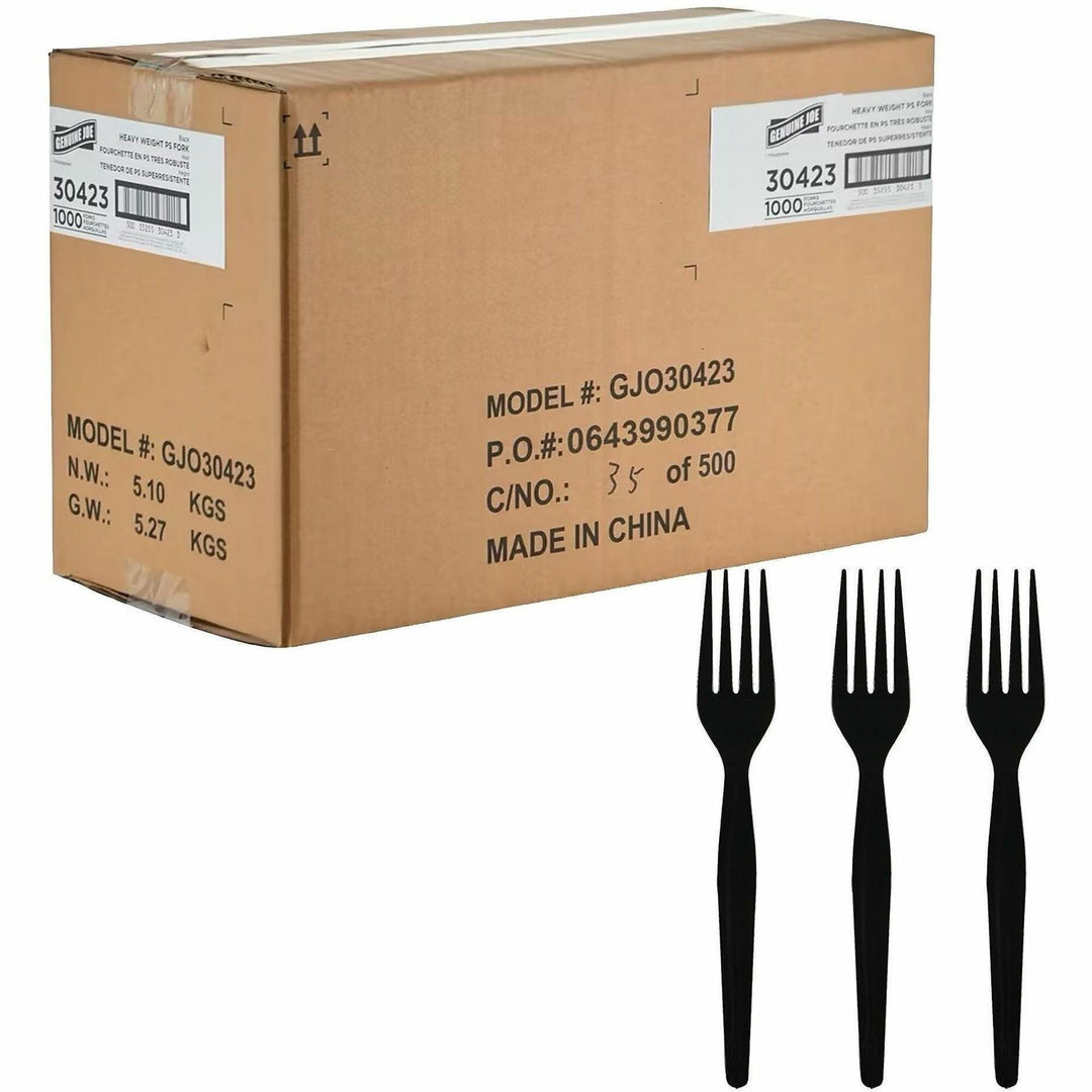 Image of Genuine Joe 30423 Disposable Polystyrene Cutlery, Fork, Fork, Food, Cafeteria, Disposable, Polystyrene, Black, 1 Carton