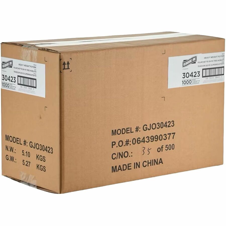 Image of Genuine Joe 30423 Disposable Polystyrene Cutlery, Fork, Fork, Food, Cafeteria, Disposable, Polystyrene, Black, 1 Carton