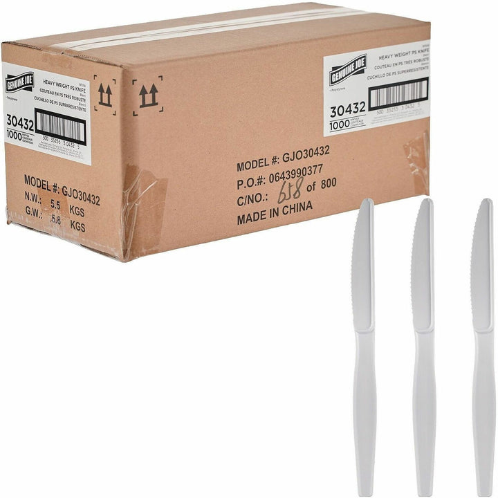 Image of Genuine Joe 30432 Disposable Polystyrene Cutlery, Knife, Knife, Food, Cafeteria, Breakroom, Disposable, Polystyrene, White, 1 Carton