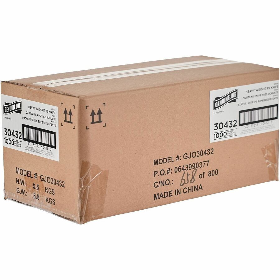 Image of Genuine Joe 30432 Disposable Polystyrene Cutlery, Knife, Knife, Food, Cafeteria, Breakroom, Disposable, Polystyrene, White, 1 Carton