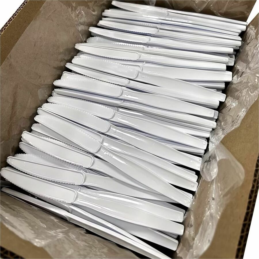 Image of Genuine Joe 30432 Disposable Polystyrene Cutlery, Knife, Knife, Food, Cafeteria, Breakroom, Disposable, Polystyrene, White, 1 Carton