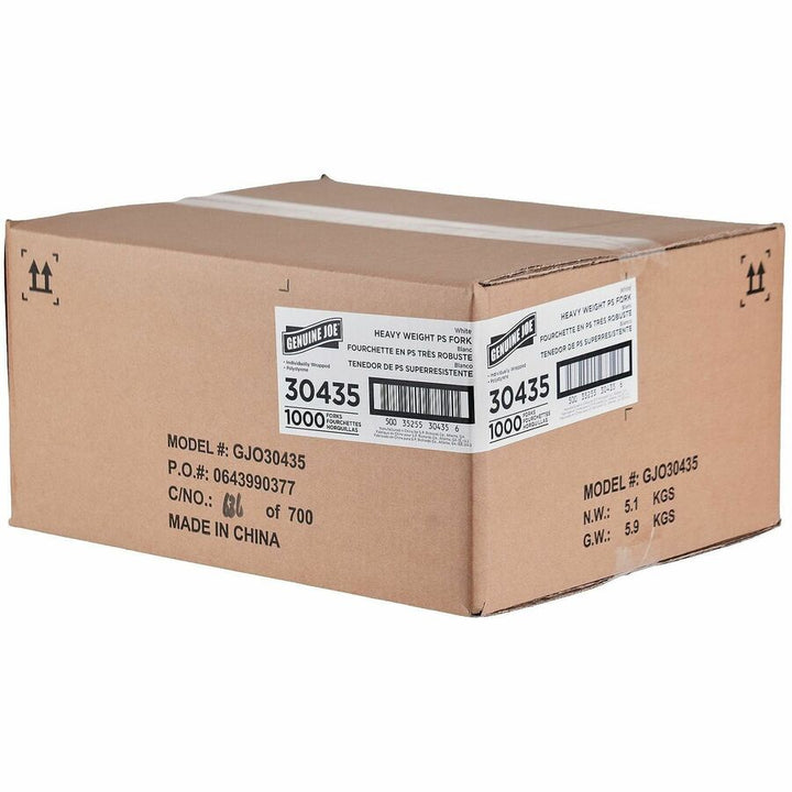 Image of Genuine Joe 30435 Disposable Polystyrene Cutlery, Fork, Fork, Food, Cafeteria, Breakroom, Disposable, Polystyrene, White, 1 Carton