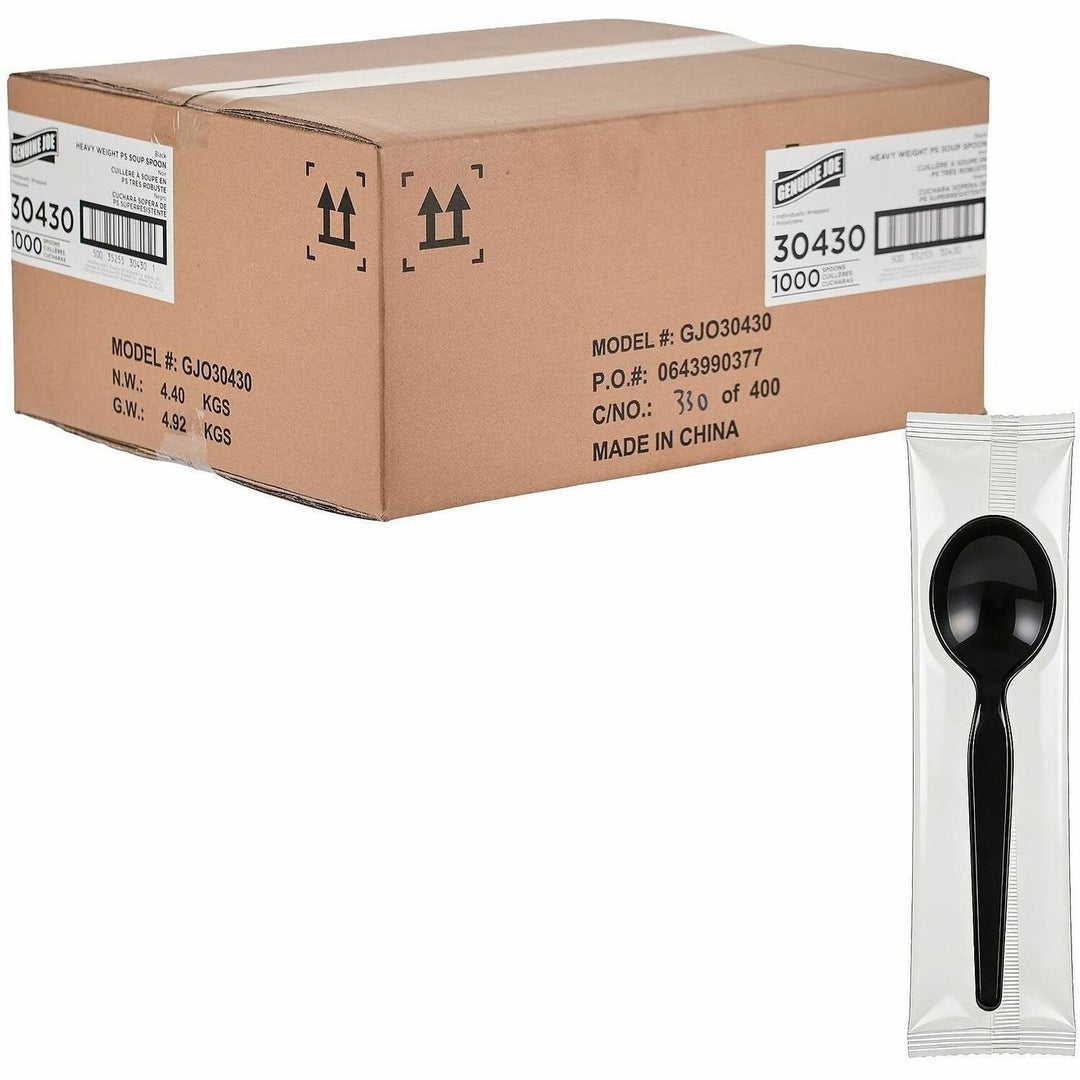 Image of Genuine Joe 30430 Disposable Polystyrene Cutlery, Soup Spoon, Soup Spoon, Food, Cafeteria, Breakroom, Disposable, Polystyrene, Black, 1 Carton