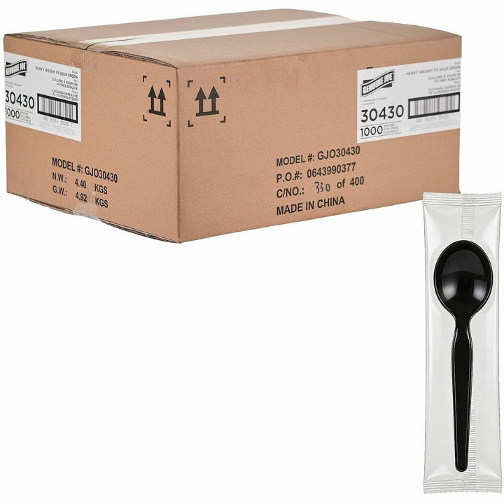 Image of Genuine Joe 30430 Disposable Polystyrene Cutlery, Soup Spoon, Soup Spoon, Food, Cafeteria, Breakroom, Disposable, Polystyrene, Black, 1 Carton