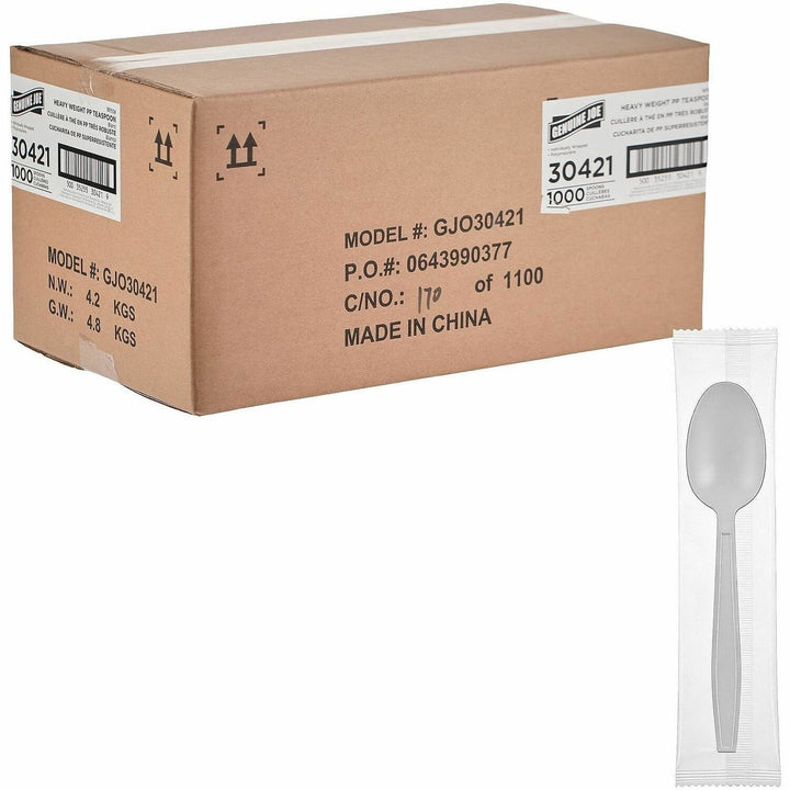 Image of Genuine Joe 30421 Heavy-Weight Polypropylene Cutlery, Cutlery Set, Spoon, Fork, Food, Cafeteria, Disposable, Polypropylene, White, 1 Carton