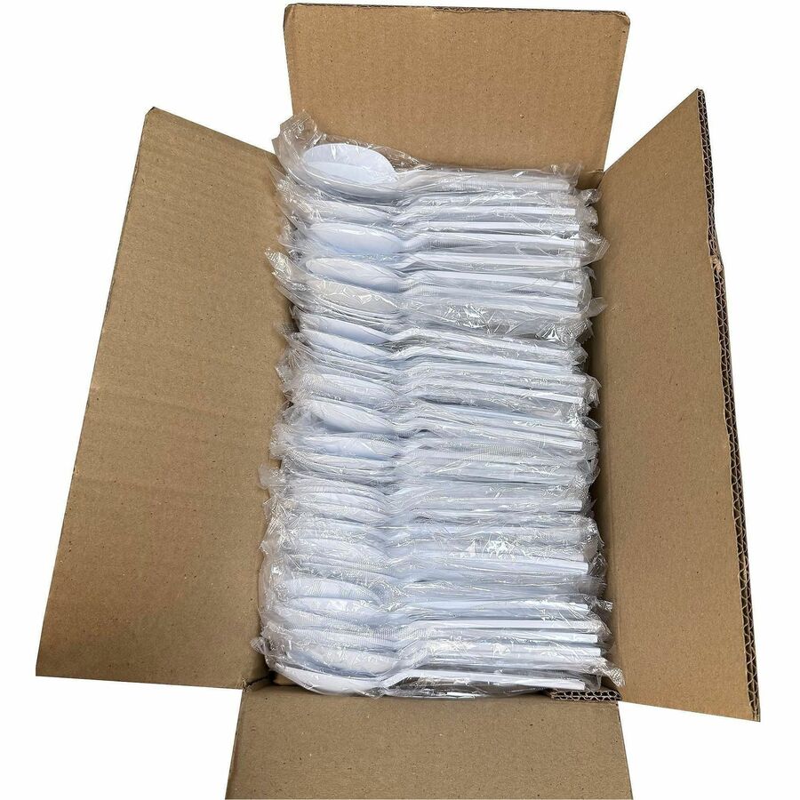Image of Genuine Joe 30421 Heavy-Weight Polypropylene Cutlery, Cutlery Set, Spoon, Fork, Food, Cafeteria, Disposable, Polypropylene, White, 1 Carton