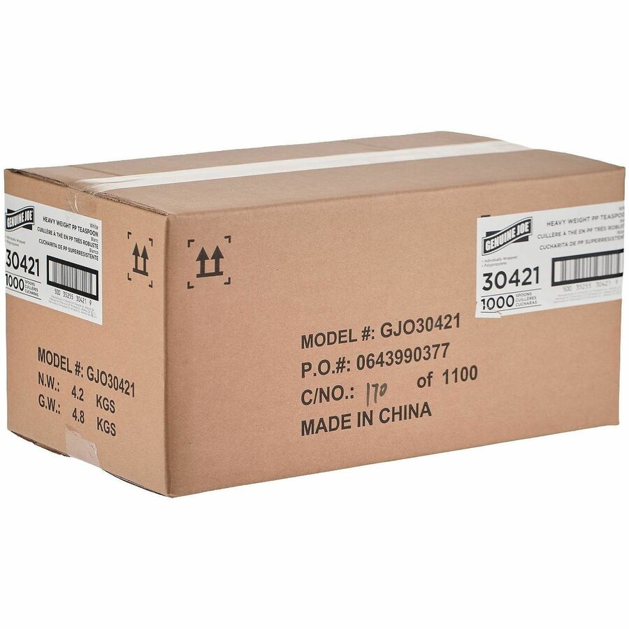 Image of Genuine Joe 30421 Heavy-Weight Polypropylene Cutlery, Cutlery Set, Spoon, Fork, Food, Cafeteria, Disposable, Polypropylene, White, 1 Carton