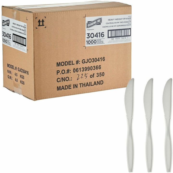 Image of Genuine Joe 30416 Heavy-Weight Polypropylene Cutlery, Knife, Knife, Food, Cafeteria, Disposable, Polypropylene, White, 1 Carton