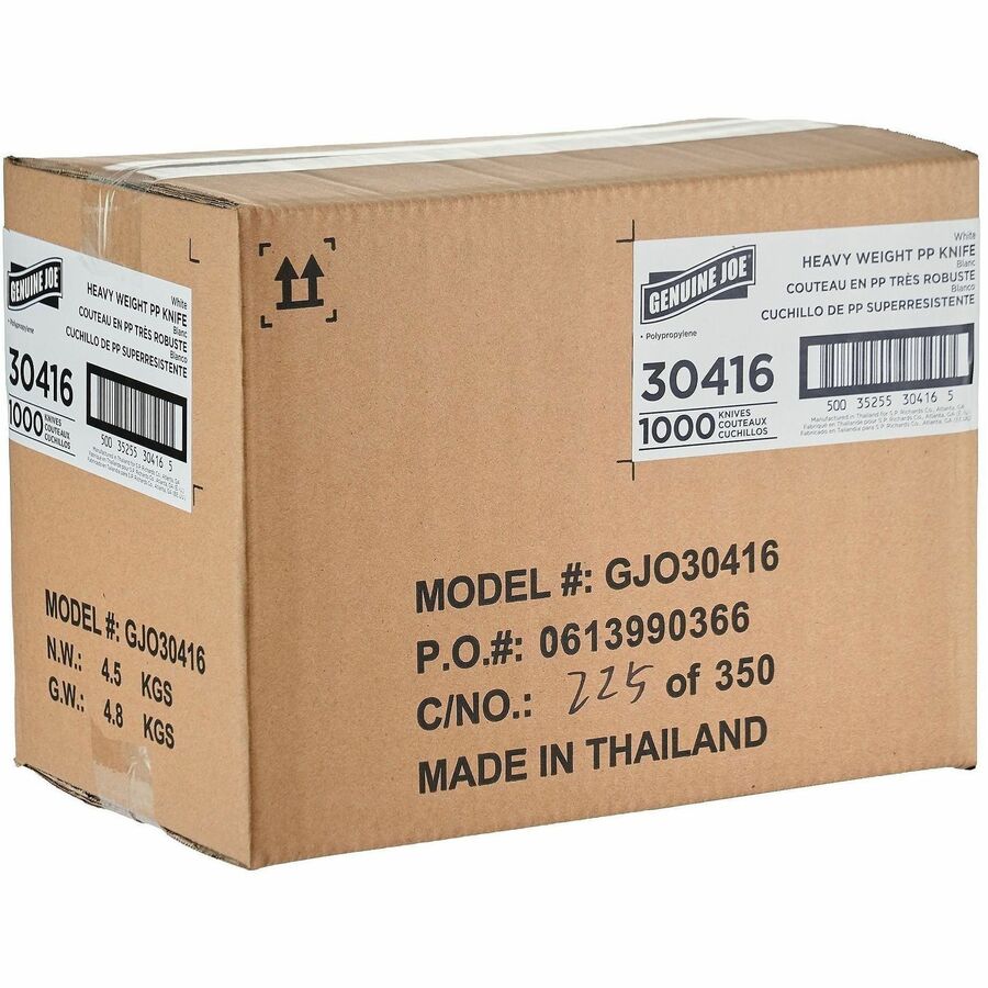 Image of Genuine Joe 30416 Heavy-Weight Polypropylene Cutlery, Knife, Knife, Food, Cafeteria, Disposable, Polypropylene, White, 1 Carton