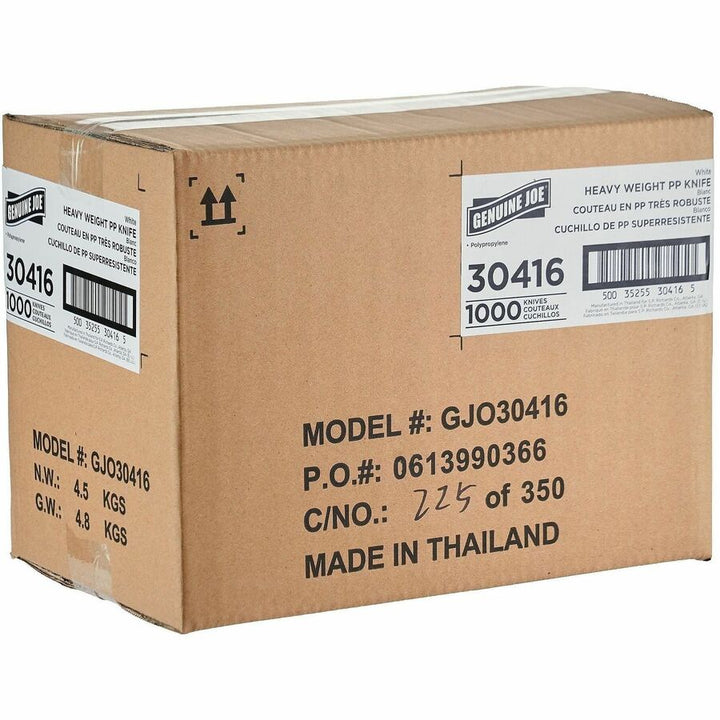 Image of Genuine Joe 30416 Heavy-Weight Polypropylene Cutlery, Knife, Knife, Food, Cafeteria, Disposable, Polypropylene, White, 1 Carton