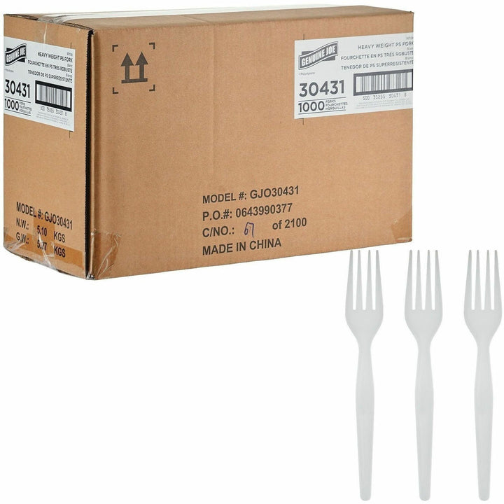 Image of Genuine Joe 30431 Disposable Polystyrene Cutlery, Fork, Fork, Food, Cafeteria, Breakroom, Disposable, Polystyrene, White, 1 Carton