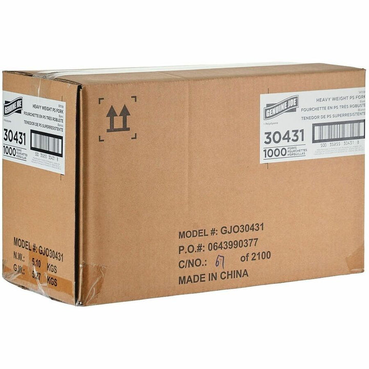 Image of Genuine Joe 30431 Disposable Polystyrene Cutlery, Fork, Fork, Food, Cafeteria, Breakroom, Disposable, Polystyrene, White, 1 Carton