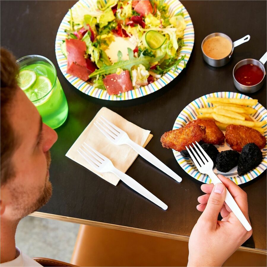 Image of Genuine Joe 30431 Disposable Polystyrene Cutlery, Fork, Fork, Food, Cafeteria, Breakroom, Disposable, Polystyrene, White, 1 Carton