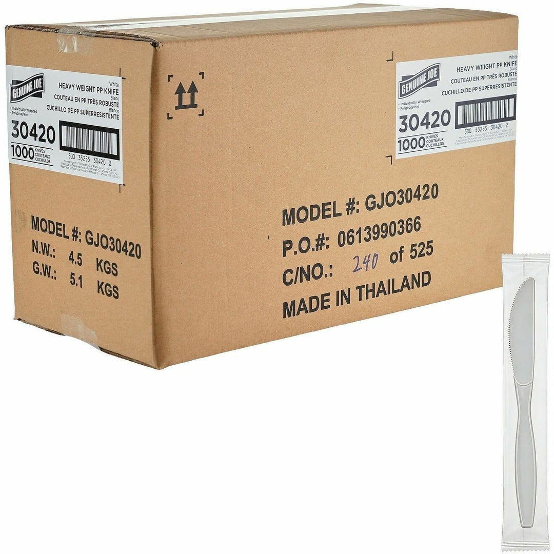 Image of Genuine Joe 30420 Heavy-Weight Polypropylene Cutlery, Cutlery Set, Fork, Knife, Food, Cafeteria, Disposable, Polypropylene, White, 1 Carton