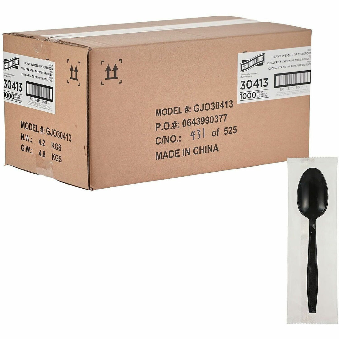 Image of Genuine Joe 30413 Heavy-Weight Polypropylene Cutlery, Soup Spoon, Soup Spoon, Food, Cafeteria, Disposable, Polypropylene, Black, 1 Carton