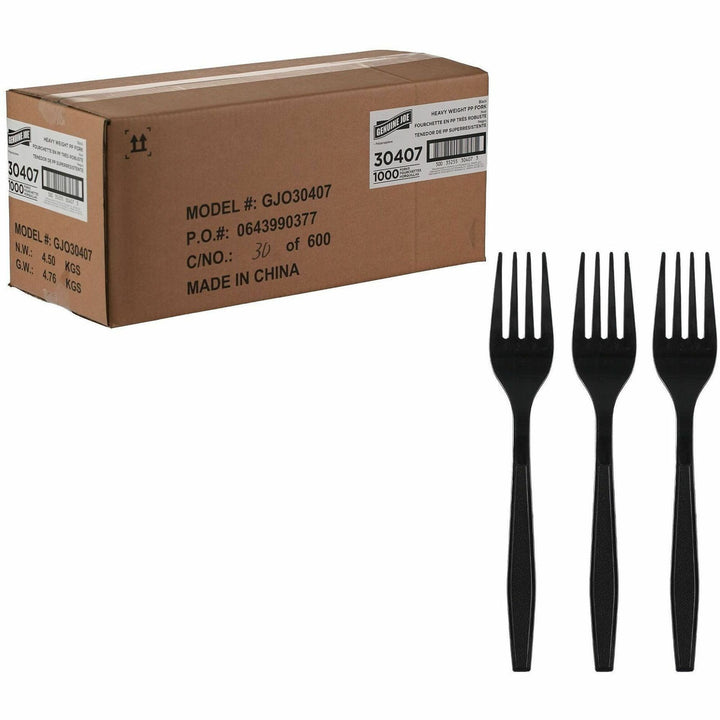 Image of Genuine Joe 30407 Heavy-Weight Polypropylene Cutlery, Fork, Fork, Food, Cafeteria, Disposable, Polypropylene, Black, 1 Carton