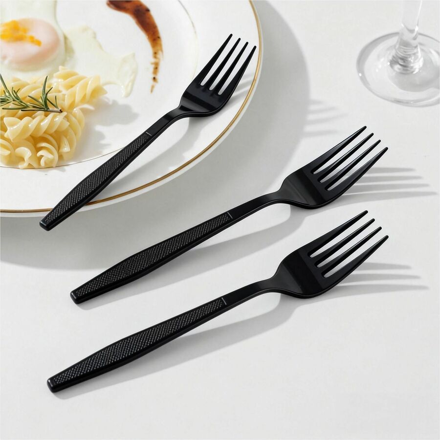 Image of Genuine Joe 30407 Heavy-Weight Polypropylene Cutlery, Fork, Fork, Food, Cafeteria, Disposable, Polypropylene, Black, 1 Carton