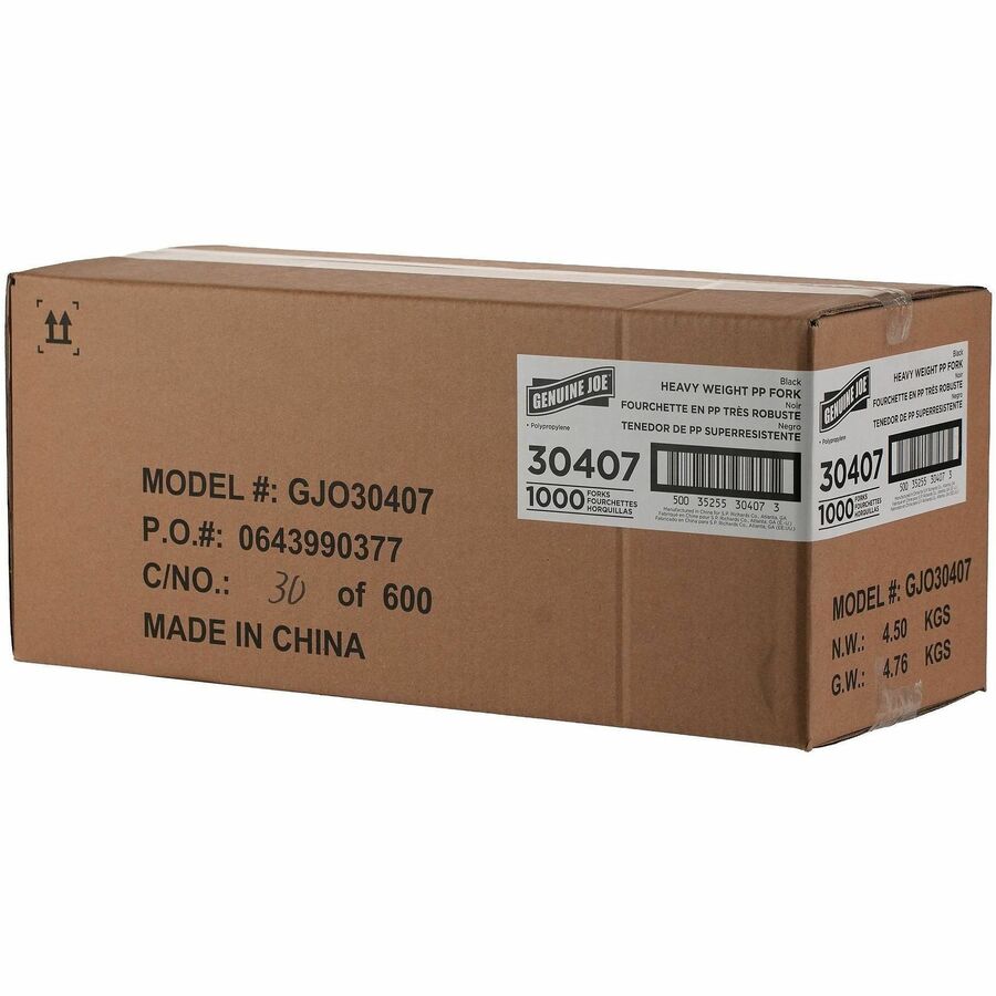 Image of Genuine Joe 30407 Heavy-Weight Polypropylene Cutlery, Fork, Fork, Food, Cafeteria, Disposable, Polypropylene, Black, 1 Carton