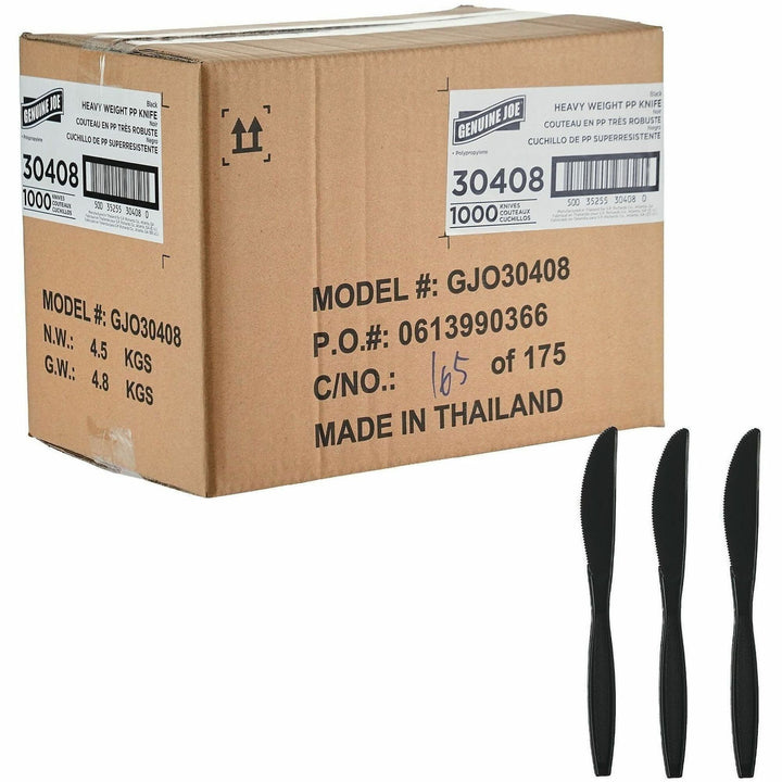Image of Genuine Joe 30408 Heavy-Weight Polypropylene Cutlery, Knife, Knife, Food, Cafeteria, Disposable, Polypropylene, Black, 1 Carton