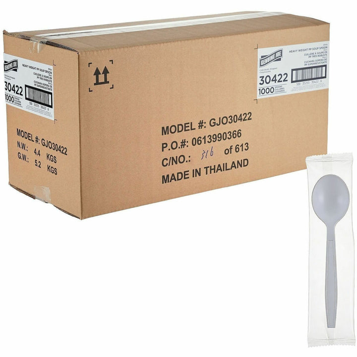 Image of Genuine Joe 30422 Heavy-Weight Polypropylene Cutlery, Cutlery Set, Soup Spoon, Fork, Food, Cafeteria, Disposable, Polypropylene, White, 1 Carton
