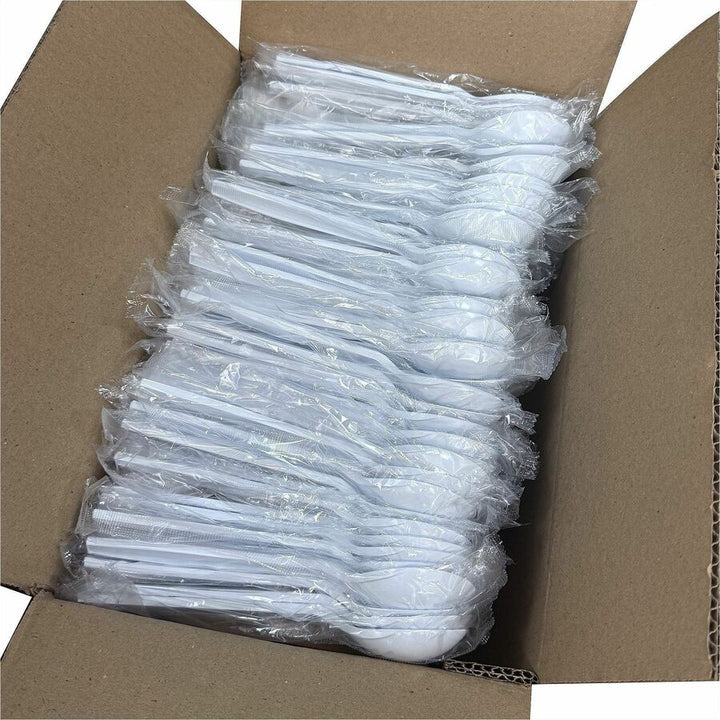 Image of Genuine Joe 30422 Heavy-Weight Polypropylene Cutlery, Cutlery Set, Soup Spoon, Fork, Food, Cafeteria, Disposable, Polypropylene, White, 1 Carton