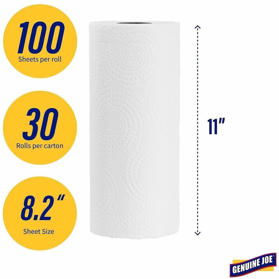 Image of Genuine Joe 24100 Kitchen Roll Paper Towels, 2 Ply, 11" W x 105.60" Length, 100 Sheets/Roll, White, 30 Rolls/Carton, 1 Carton