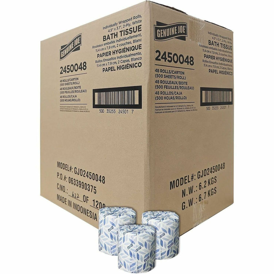 Image of Genuine Joe 2450048 2-Ply Bathroom Tissue, 2 Ply, 500 Sheets/Roll, White, 1 Carton