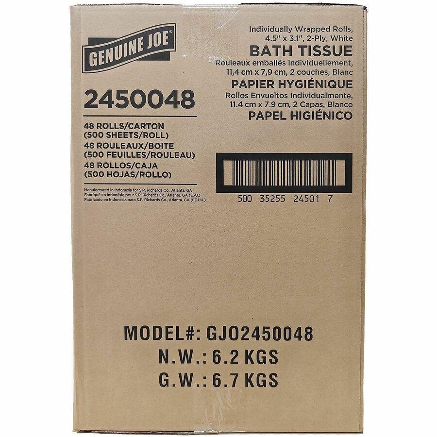 Image of Genuine Joe 2450048 2-Ply Bathroom Tissue, 2 Ply, 500 Sheets/Roll, White, 1 Carton