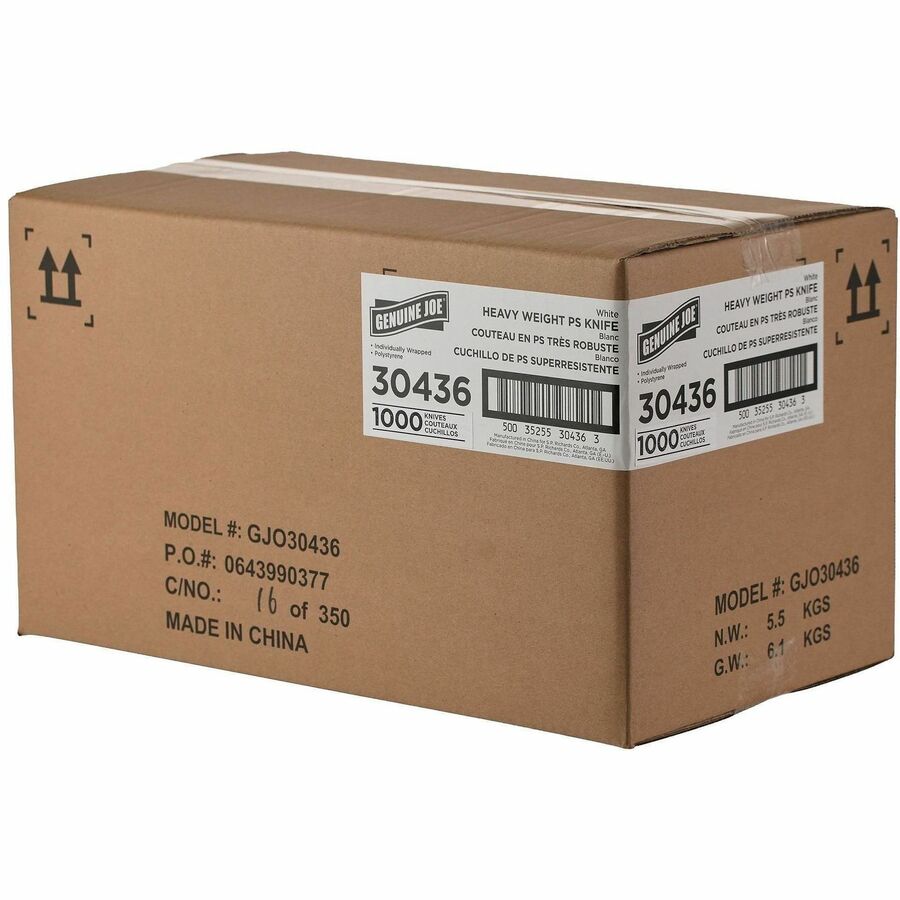 Image of Genuine Joe 30436 Disposable Polystyrene Cutlery, Knife, knife, Food, Cafeteria, Breakroom, Disposable, Polystyrene, White, 1 Carton