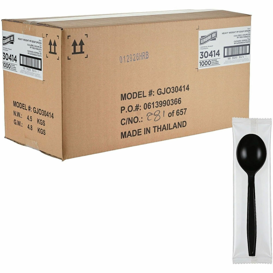 Image of Genuine Joe 30414 Heavy-Weight Polypropylene Cutlery, Cutlery Set, Soup Spoon, Fork, Food, Cafeteria, Disposable, Polypropylene, Black, 1 Carton