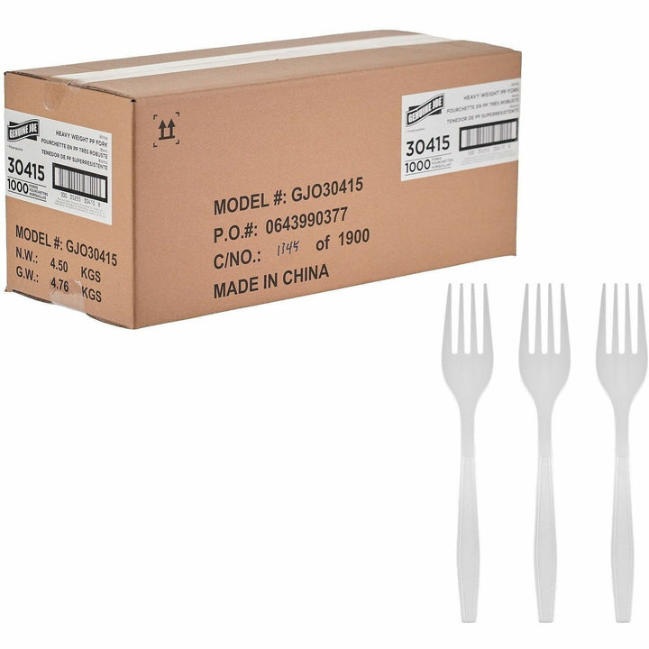 Image of Genuine Joe 30415 Heavy-Weight Polypropylene Cutlery, Fork, Fork, Food, Cafeteria, Disposable, Polypropylene, White, 1 Carton