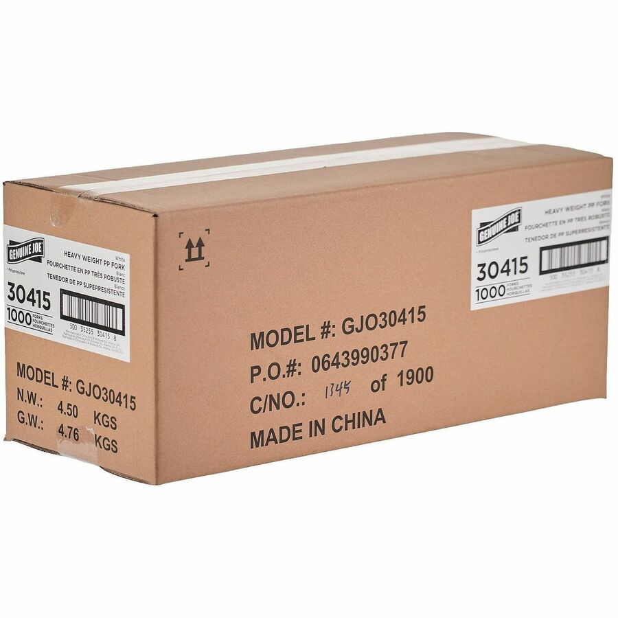 Image of Genuine Joe 30415 Heavy-Weight Polypropylene Cutlery, Fork, Fork, Food, Cafeteria, Disposable, Polypropylene, White, 1 Carton