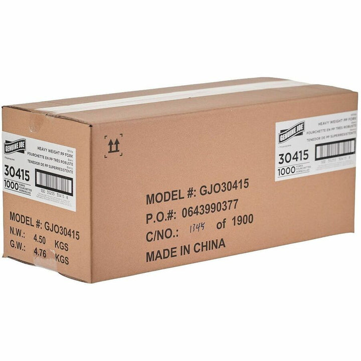 Image of Genuine Joe 30415 Heavy-Weight Polypropylene Cutlery, Fork, Fork, Food, Cafeteria, Disposable, Polypropylene, White, 1 Carton